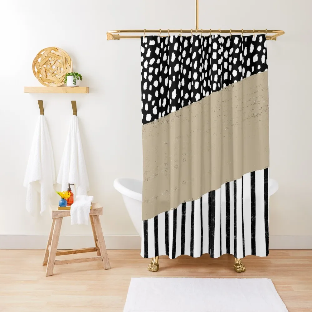 Polka Dots and Stripes Pattern (black/white/tan) Shower Curtain Elegant Bathroom Shower For Bathrooms Bathroom Decor Curtain