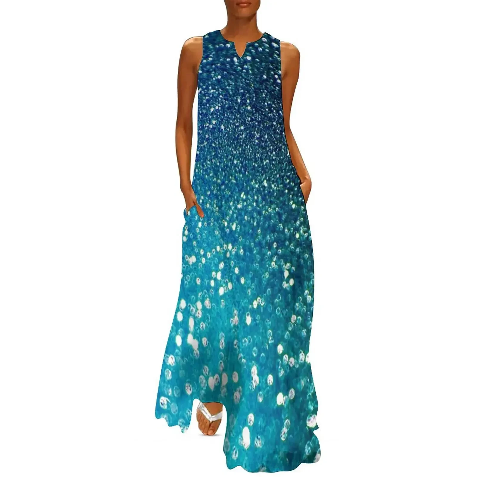 

Dark blue ocean Faux glitter Long Dress evening dress Female dress women evening Women's summer