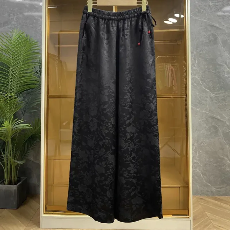 2025 Spring and Summer New Chinese Style Velvet Pants Loose Straight Leg Wide Leg Casual Pants