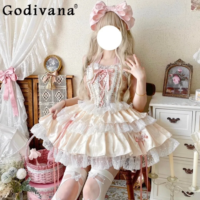 

Summer Elegant Ballet Style Lolita Skirt Set Women's Fishbone Lace Halter Neck Corset Skirt Suits Female Japanese Style Outfits