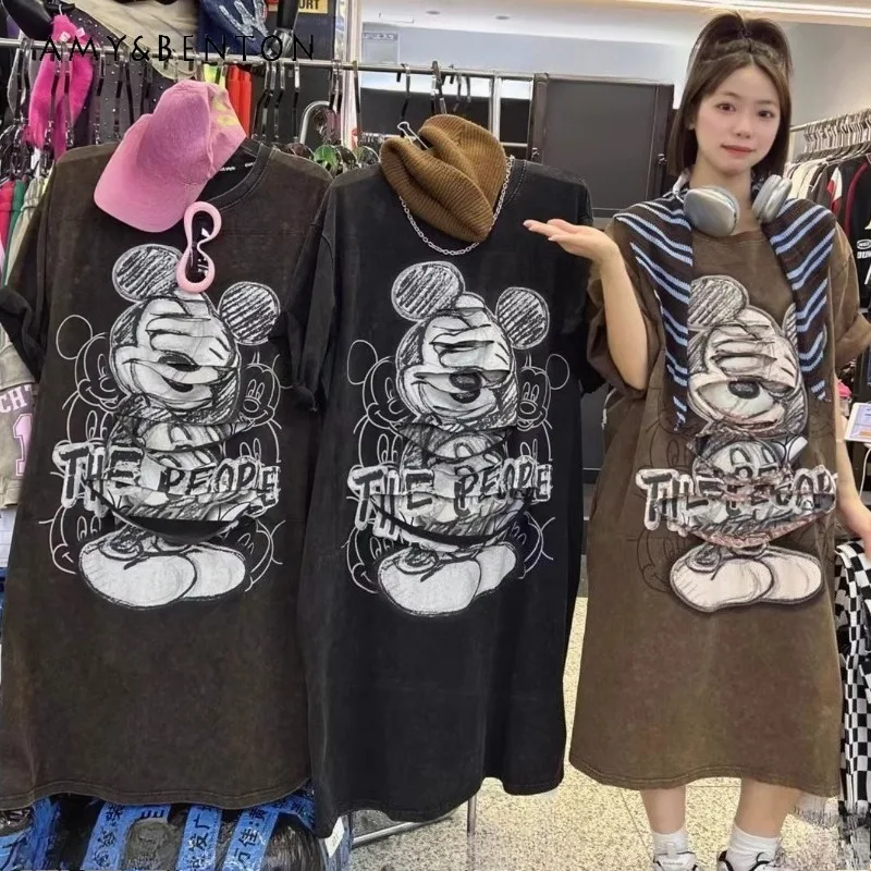 

2026 Spring Summer New Retro Cartoon Short-sleeved T-shirt Dress Casual Loose Fit Slimming High Street Style Dresses Y2k Clothes