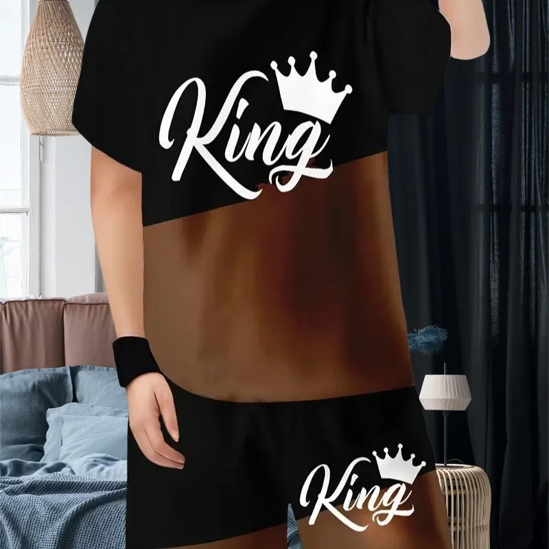 

Summer 2025 New Men's 3D King Crown Print Loose Casual Sports Quick Drying Set Street Casual Short Sleeved Shorts Thin Set