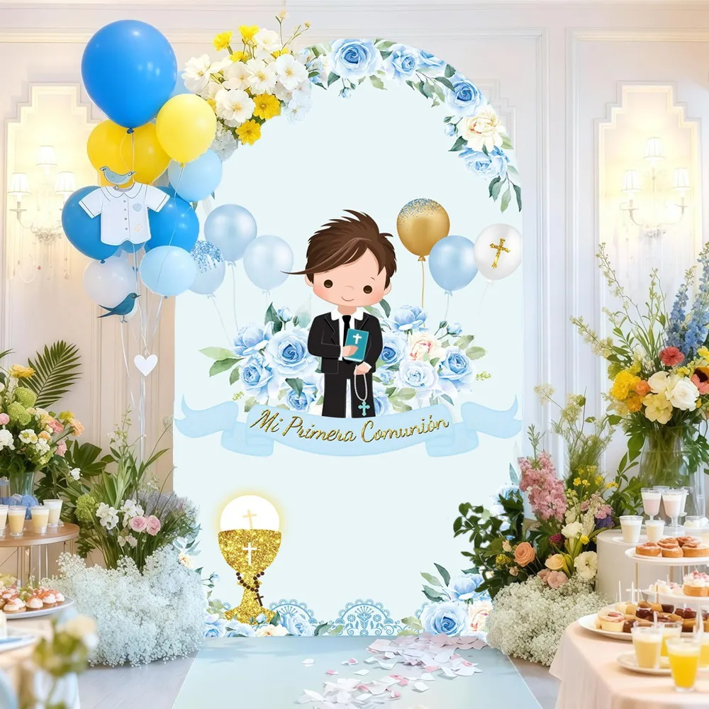 Boys First Holy Communion Arch Backdrop Cover Blue Flowers Holy Grail Baby Baptism Baby Shower Kids Birthday Arch Background