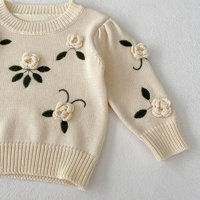 INS Baby Girl Sweater 0-3Years Newborn Princess Long Sleeve O-Neck 3D Flower Pullover Jumper Knitted Tops Spring Autumn Clothes