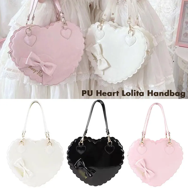 

PU Heart Lolita Handbags Girls Bowknots Decor Japanese Shoulder Bags Two Sized Kawaii Shell Purses Cute Pink Messenger Bag Gifts