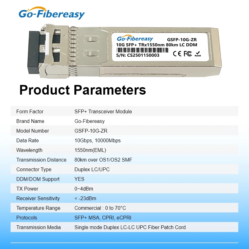 SFP+10G Optical Module SFP-10G-ZR 80km,100km,120km Single-mode 1550nm LC Duplex Compatible Cisco,Mikrotik,Ubiquiti Fiber Switch