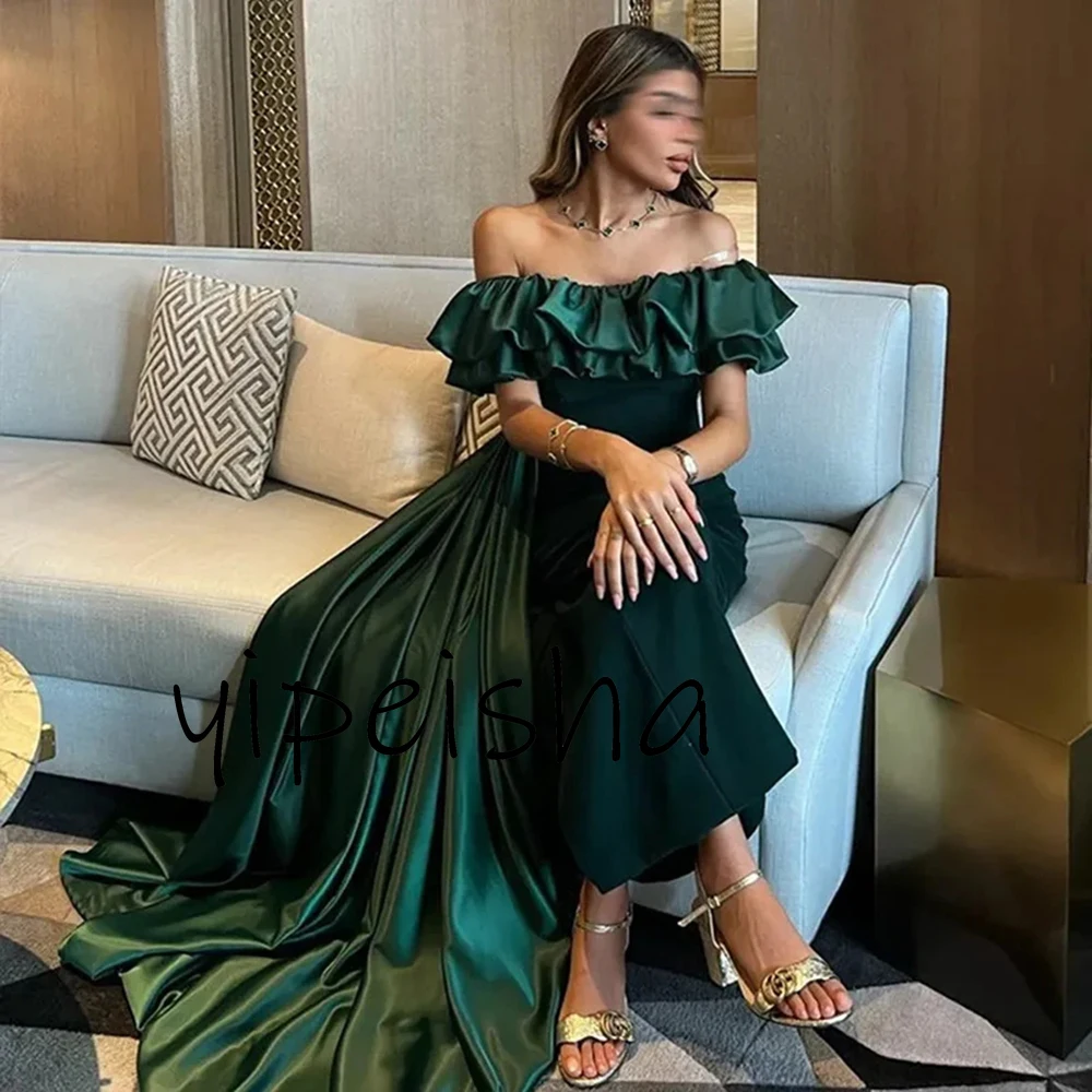 Customized Elegant Green Satin Prom Dress Pleat With Sweep Train Off The Shoulder Ankle Length Special Party Evening Dresses