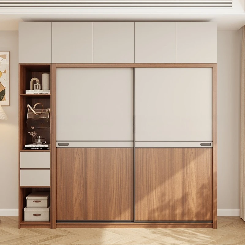 Guardaroba con ante scorrevoli di lusso leggero in legno massello multistrato, camera da letto di casa, semplicità moderna