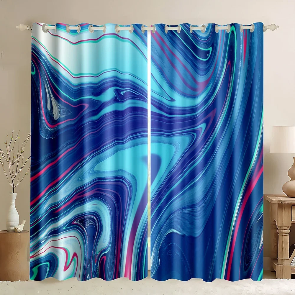 Marble Print Window Curtains,Art Fluid Teal Blue Purple Marble Texture  Abstract Art Blackout Marble Curtain Quicksand Turquoise