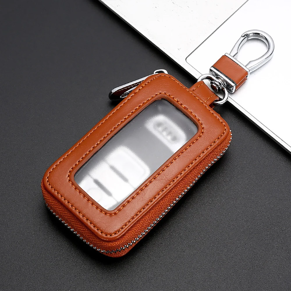 Visual Mirror Window Car Key Protector Bag Leather Key Holder Mini Auto Key Pocket Case Retro Keyring Wallet Zipper Bag