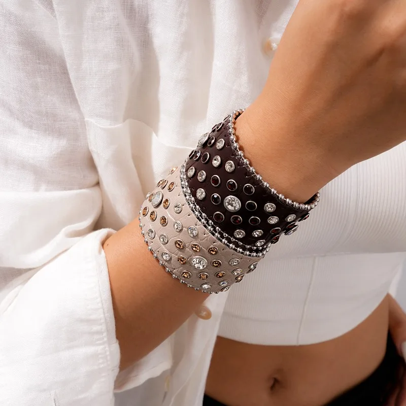 2026 New Punk Hip Hop Rhinestone Bracelet For Women Retro Western PU Leather Cuff Jewelry Fashion Style Birthday Gift Accessory