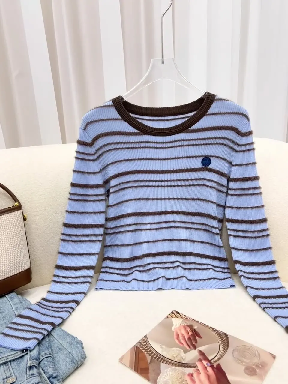 Autumn New Wool Blended Coffee Blue Brown Striped Slim-fit Short Knit Top for Women