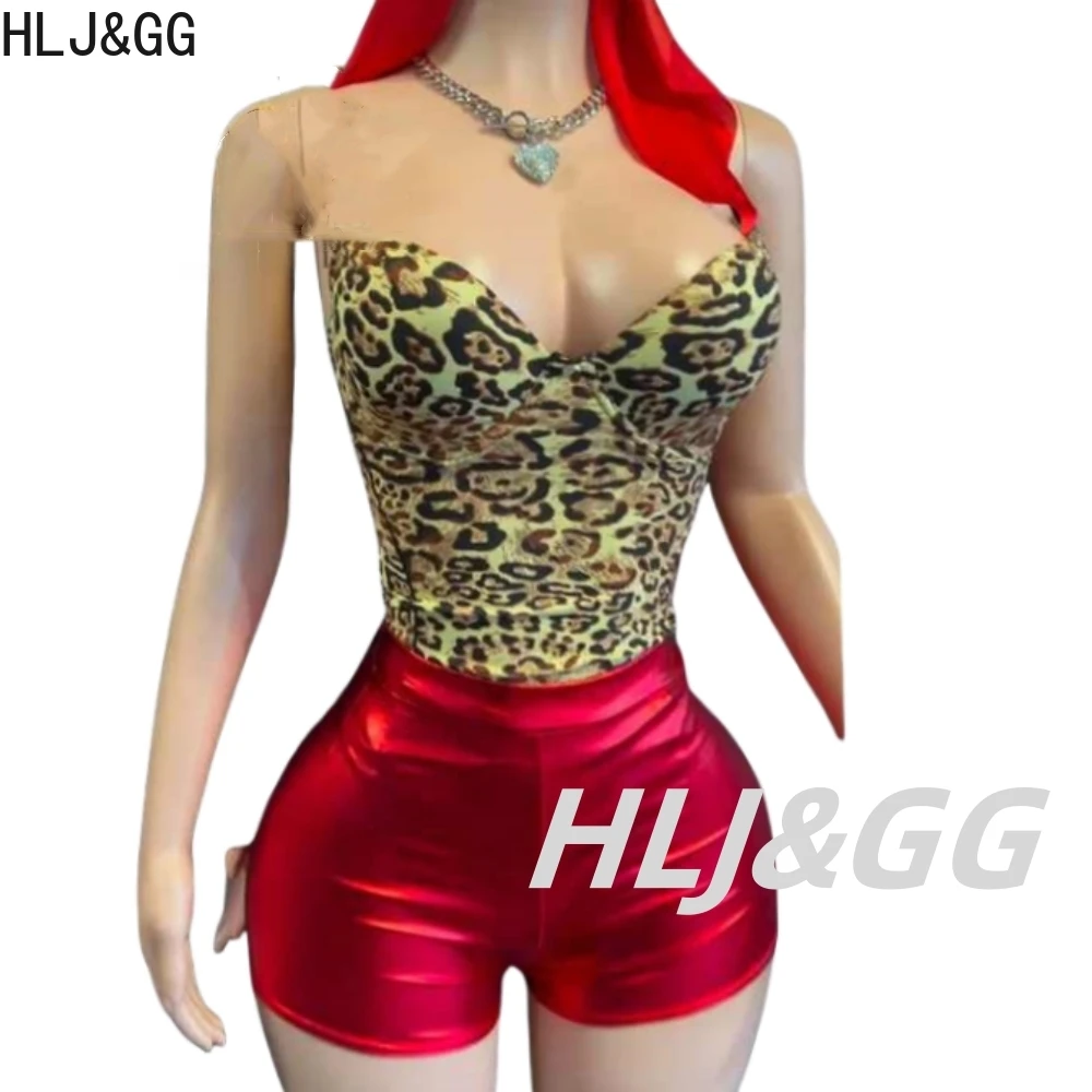 HLJ&GG Sexy Hollow Bandage Leopard Print Two Piece Sets Women Halter Lace Up Crop Top And Skinny Pants Outfit Fashion Streetwear — zdjęcie 4