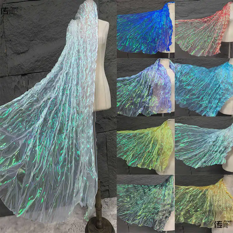 

Wave Wrinkled Organza Fabric Gradient By The Meter for Decorative DIY Clothing Designer Sewing Laser Mermaid Texture Cloth White
