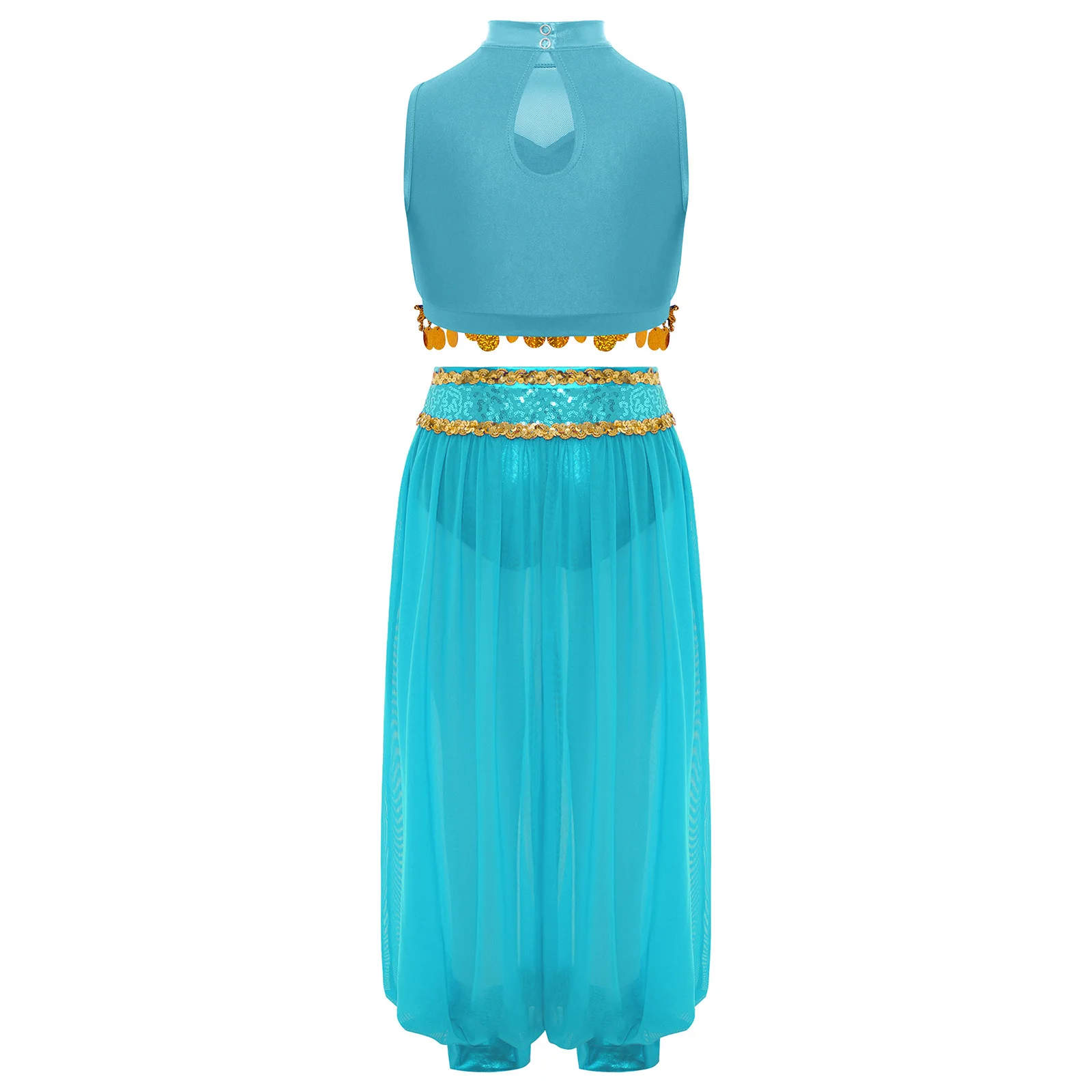 Kids Girls Belly Latin Dance Costume Modern Ballroom Dance Outfit Set Sheer Mesh Patchwork Sequin Crop Top And Bloomers Pants
