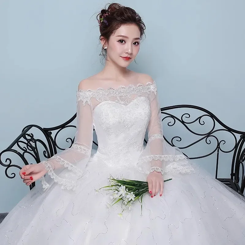 Cheap Wedding Dress White Embroidery Off the Shoulder Full Sleeve Plus size Lace up Princess Floor length Bride Ball Gowns XN109