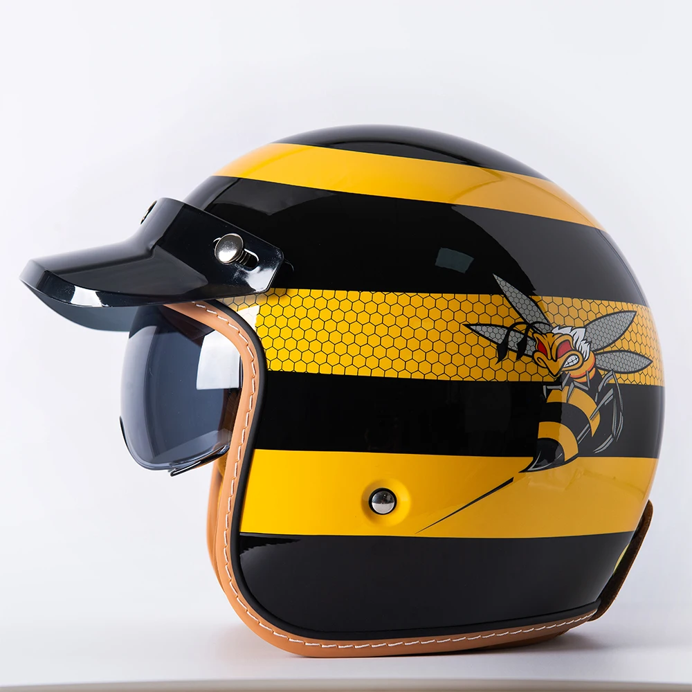 AliExpress NONE New Retro Motorcycle Helmet Yellow Bee 3/4 Shell Motorcycle Built-In Windshield with Hat Brim Vintage Style Cycling Safety Gear