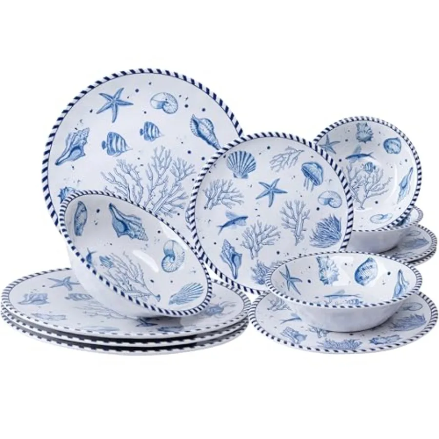 

12-Piece Coastal Melamine Dinnerware Set Service for 4 Unbreakable and Lightweight Round Plates and Bowls Set Outdoor Dish Set