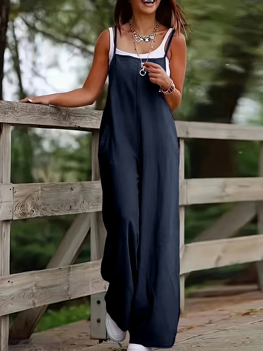 Loose Solid Color Women Jumpsuit with Pockets Sleeveless Strap Wide Leg Long Pants Romper Casual Overall Summer 2026 Streetwear