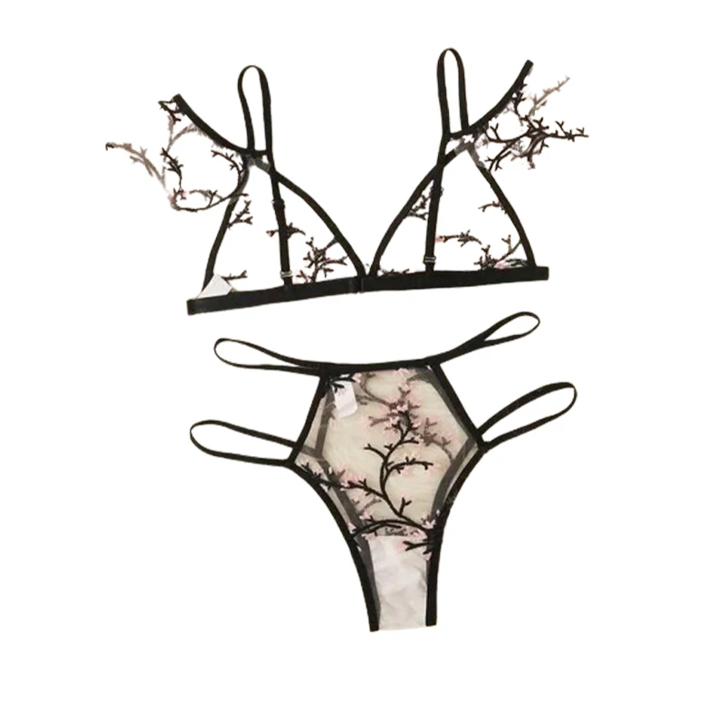 Conjunto de ropa interior Sexy para mujer, conjunto de lencería de malla transparente con bordado Floral, sin sujetador, Bralette sin espalda, conjunto de Sujetador de encaje íntimo sexi