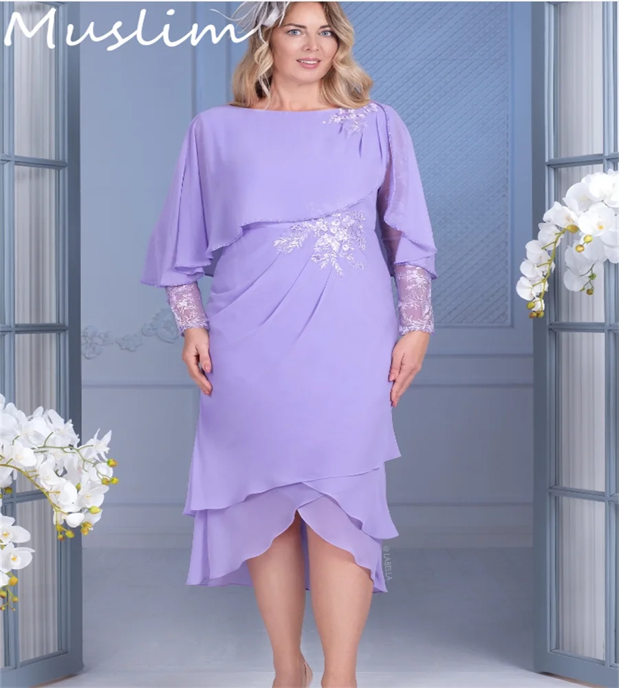 Chic Lilac Mother Of The Bride Dress 2025 Elegant Tea Length Midi Evening Wear Long Sleeve Chiffon Cape Wedding Guest Customized