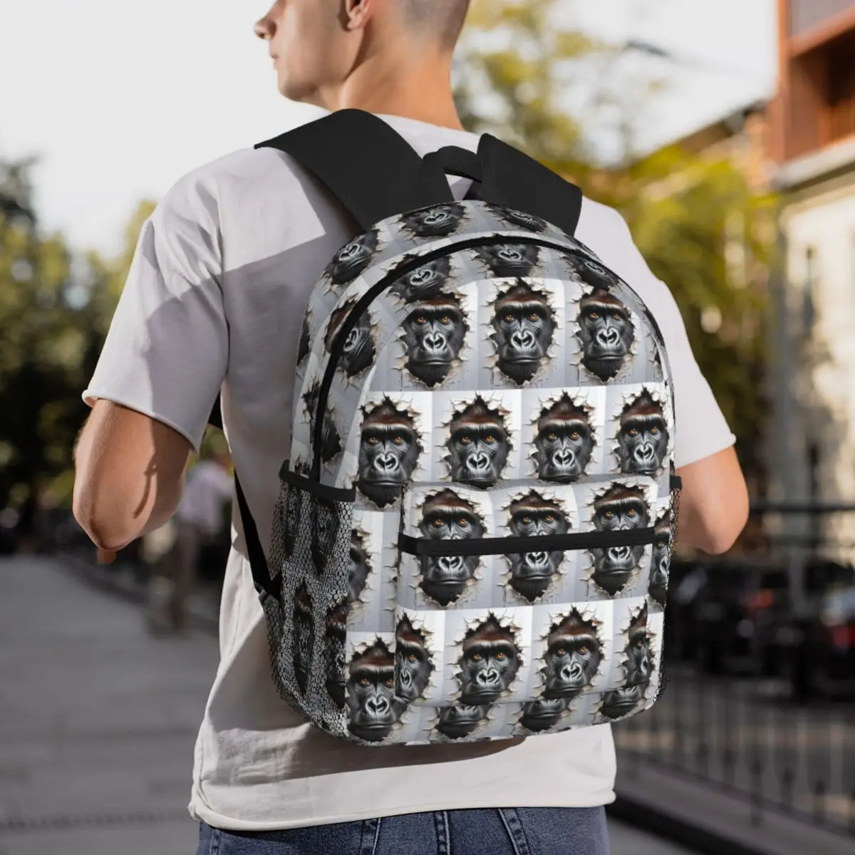 Gorilla Face Looking Through Ripped Card Backpack Student BookBag Kids School Bag Computer Shoulder Bags for Men Women