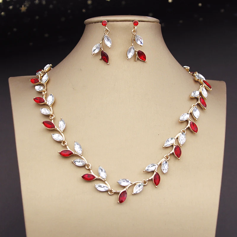 Crystal Bride Jewelry Sets for Women Luxury leaves Choker Necklace Earrings Wedding Dress Bridal Necklace Sets Fashion