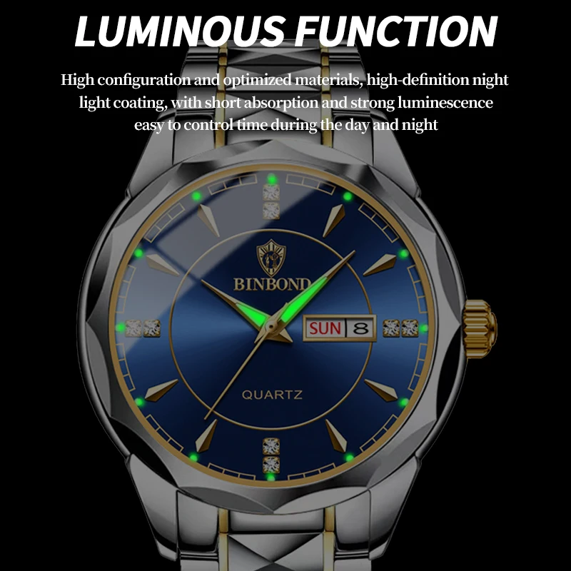 2026 Men Watch Diamond Luxury Night Glow Double Calendar Quartz Movement 41mm Gold Blue Stainless Steel Fashion Business Watch