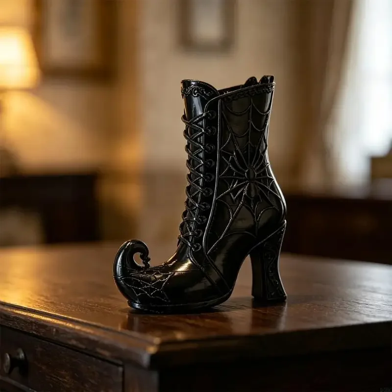 Small Witch Boot Vase Shelf Decors, Black 3D Printed Decorative Artificial Flower Holder for Halloween Displays, Fantasy Room,