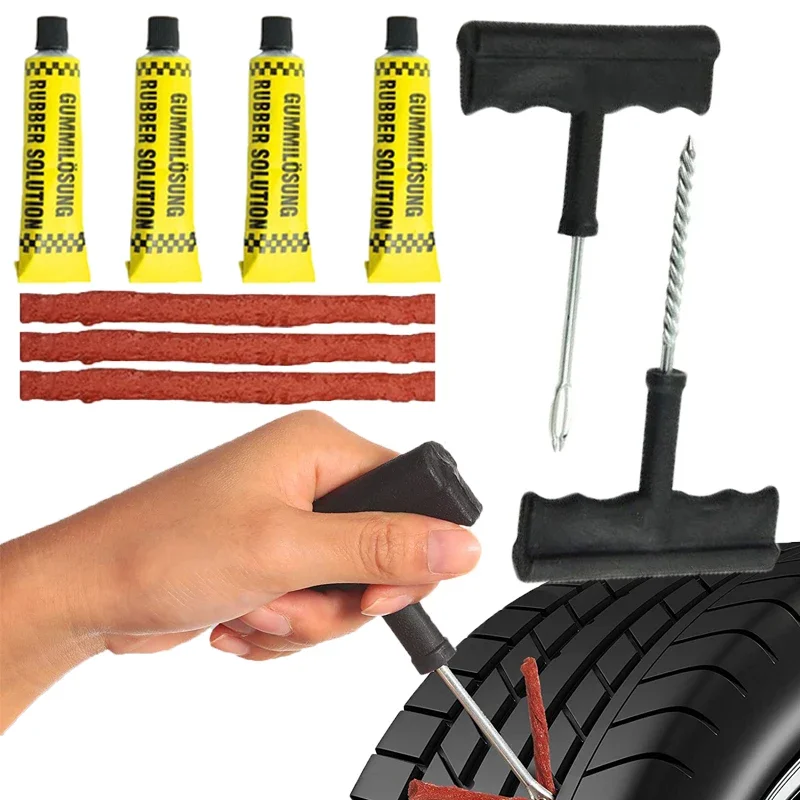 Car Tire Repair Tool Set with Glue Rubber Stripes Tools for Car Motorcycle Tubeless Tyre Puncture Quick Repairing Kit