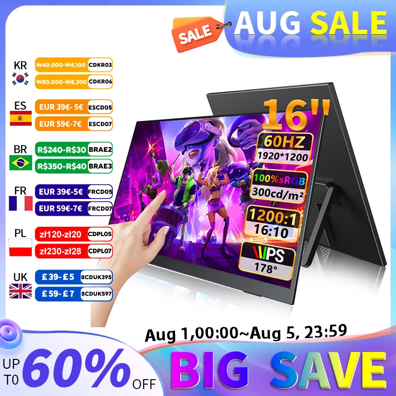 

16" FHD Portable Touch monitor External Display IPS 1200P Screen USB C mini-HDMI for Laptop Mac PC Xbox PS Switch With VESA Hole