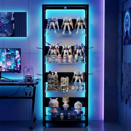 65" Tall Display Case with LED Lights, Corner Display Cabinet with Glass Storage Shelves and Hooks, Industrial 4-Tier view 3