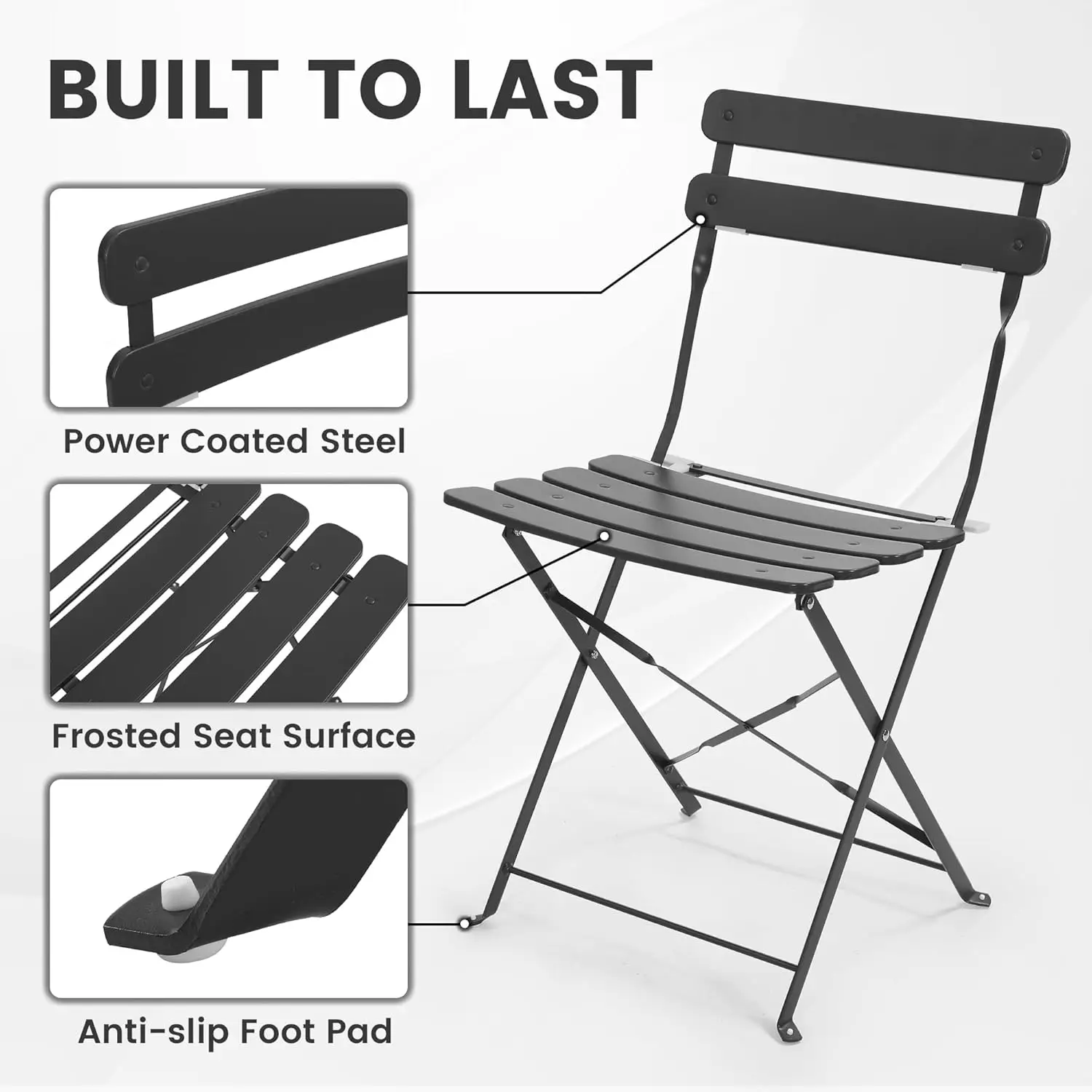 Space-saving black 3-piece foldable outdoor bistro set consisting of one folding coffee table and two matching chairs, ideal compact furniture for small balcony and private garden use view 5
