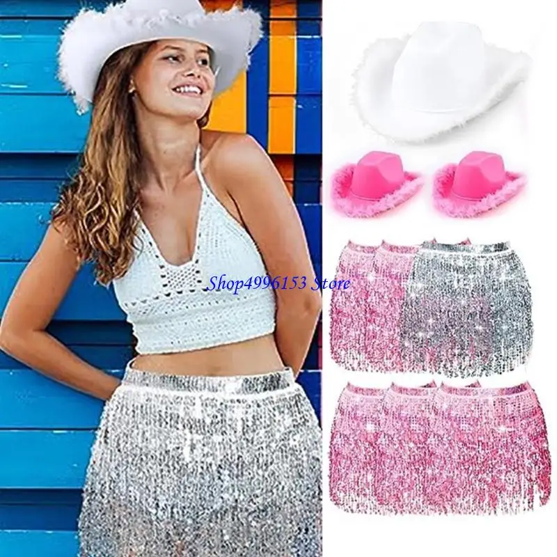

Q0KE Carnival Cowgirl Hat Sequins Skirt for Bride Wedding Party Taking Photo Hat