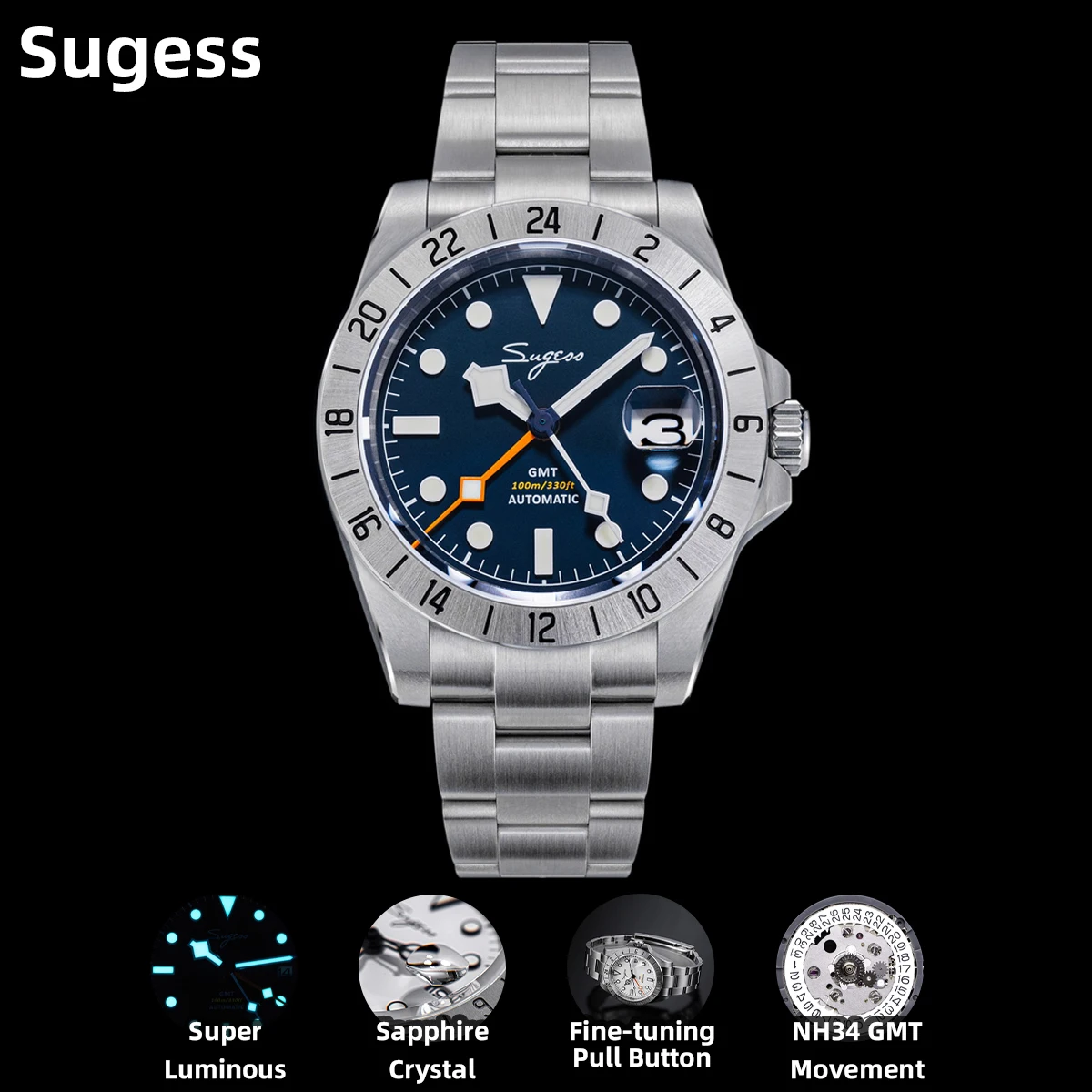 

Sugess GMT Watch of Men Automatic Japan NH34 Mechanical Wristwatches Sapphire Crystal AR Coating 100M Waterproof Luxury S463 New