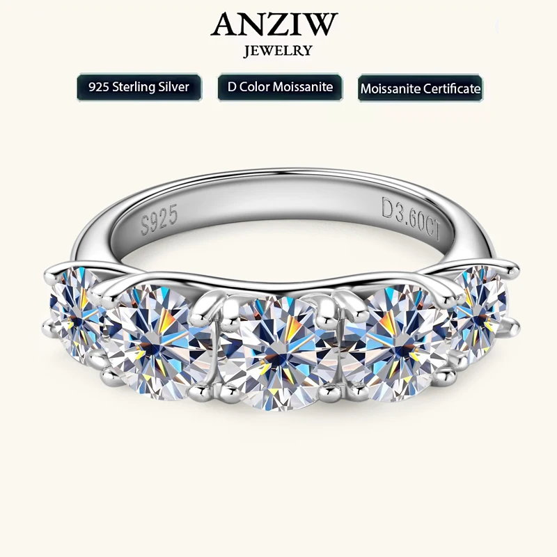 Anziw 3.60CTW All Moissanite Diamond Ring Sparking D Color 5 Stones Wedding Engagement Band For Women 925 Silver Promise Jewelry