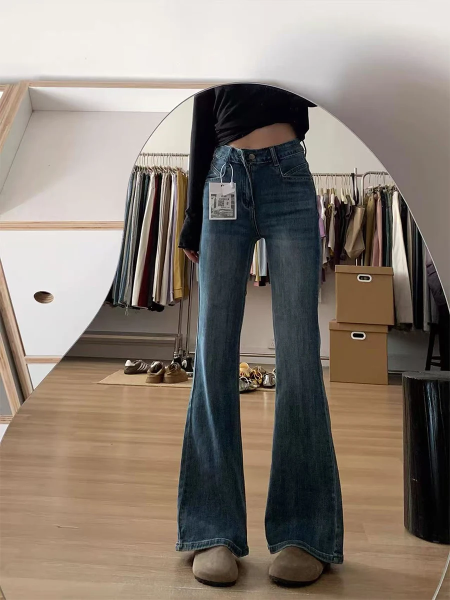 

High Waist Bell Bottom Denim Jeans Women's Stretchy Straight Leg Retro Style plus Size Pear Shaped Body Slimming Spring Fashion
