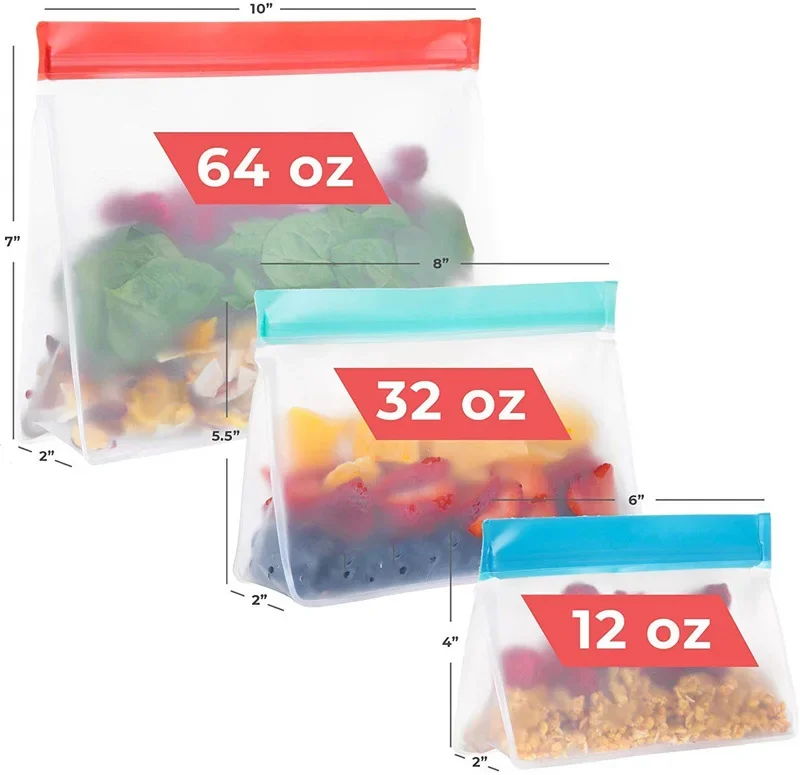 3PCS/SET PEVA Food Storage Bag Upgrade Leakproof Top Stand Up Reusable Freezer Sandwich Ziplock Silicone Bag Food Preservation