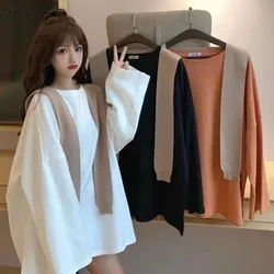 Niche Sweatshirts for Women Fashion Loose Korean Style Fake 2pcs Design Students Clothing Spring Young Chic Long Sleeve Simple