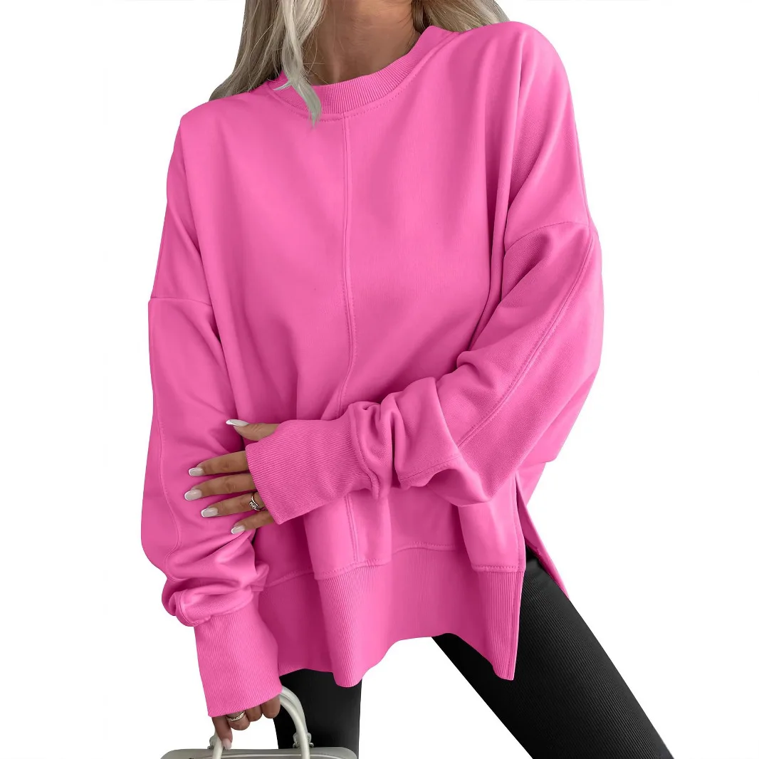 Loose Sweatshirt Side Split Patchwork Round Neck Batwing Full Long Sleeves Women Sweatershirt Shirt Spring Autumn Winter