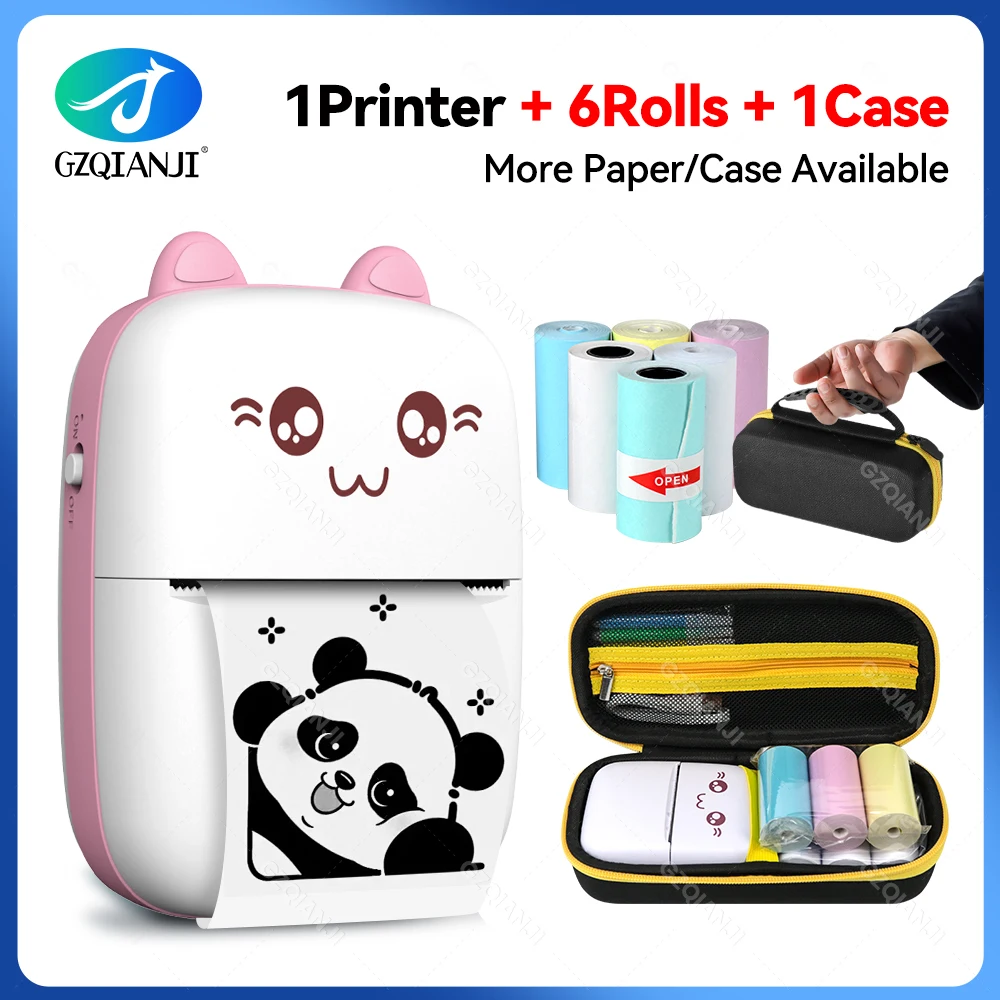 Photo Portable Thermal Printer Mini Self-adhesive Label Maker Mobile Phone Bluetooth Ink-free Machine with Case and Paper Rolls