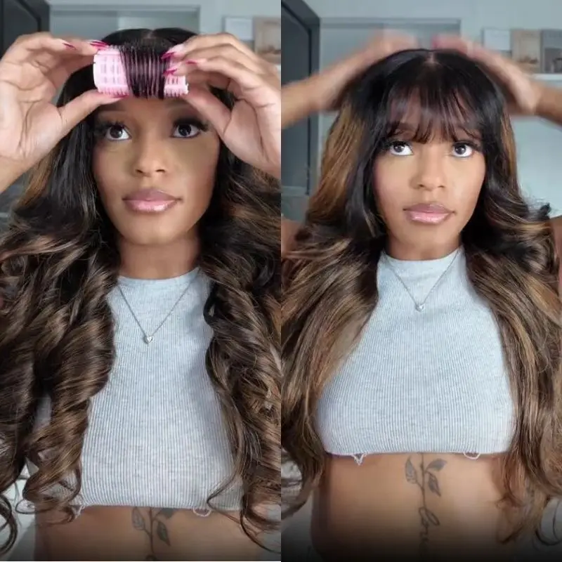 Klaiyi 13x4 Pre-Everything Lace Frontal Balayage Highlights Fluffy Natural Loose Wave Wispy Bangs Drawstring Wig