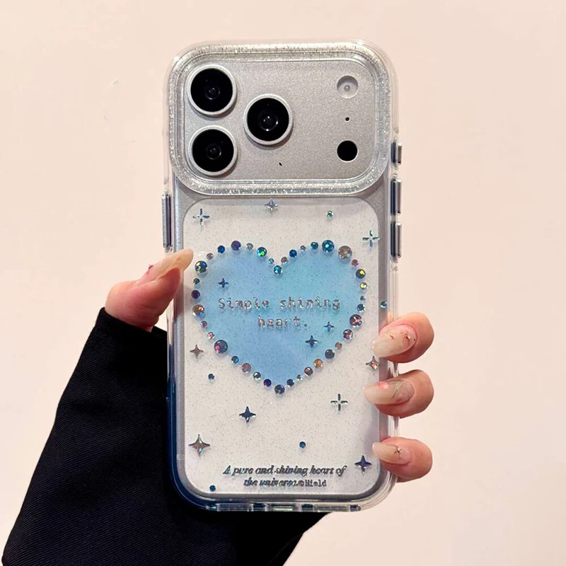 

Ins Simple Fashion Shining Love Heart Phone Case For iPhone 17 Pro Max 16 15 14 13 Glitter Shockproof Hard Back Cover