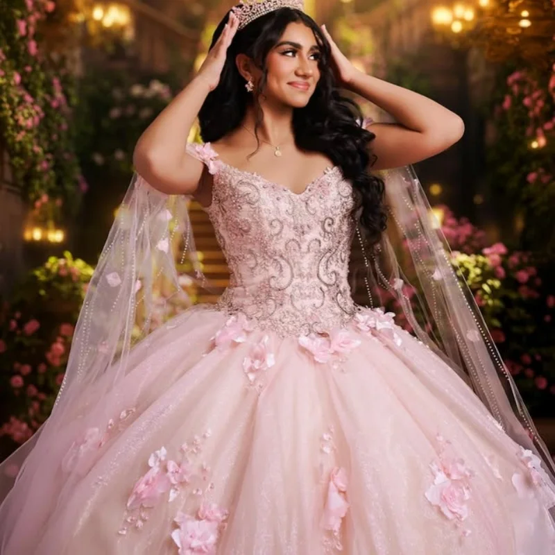 

Customized Pink Quinceanera Dresses Off the Shoulder sequin applique Lace layering 3D flower Long tail Vestido 15 Quinceanera