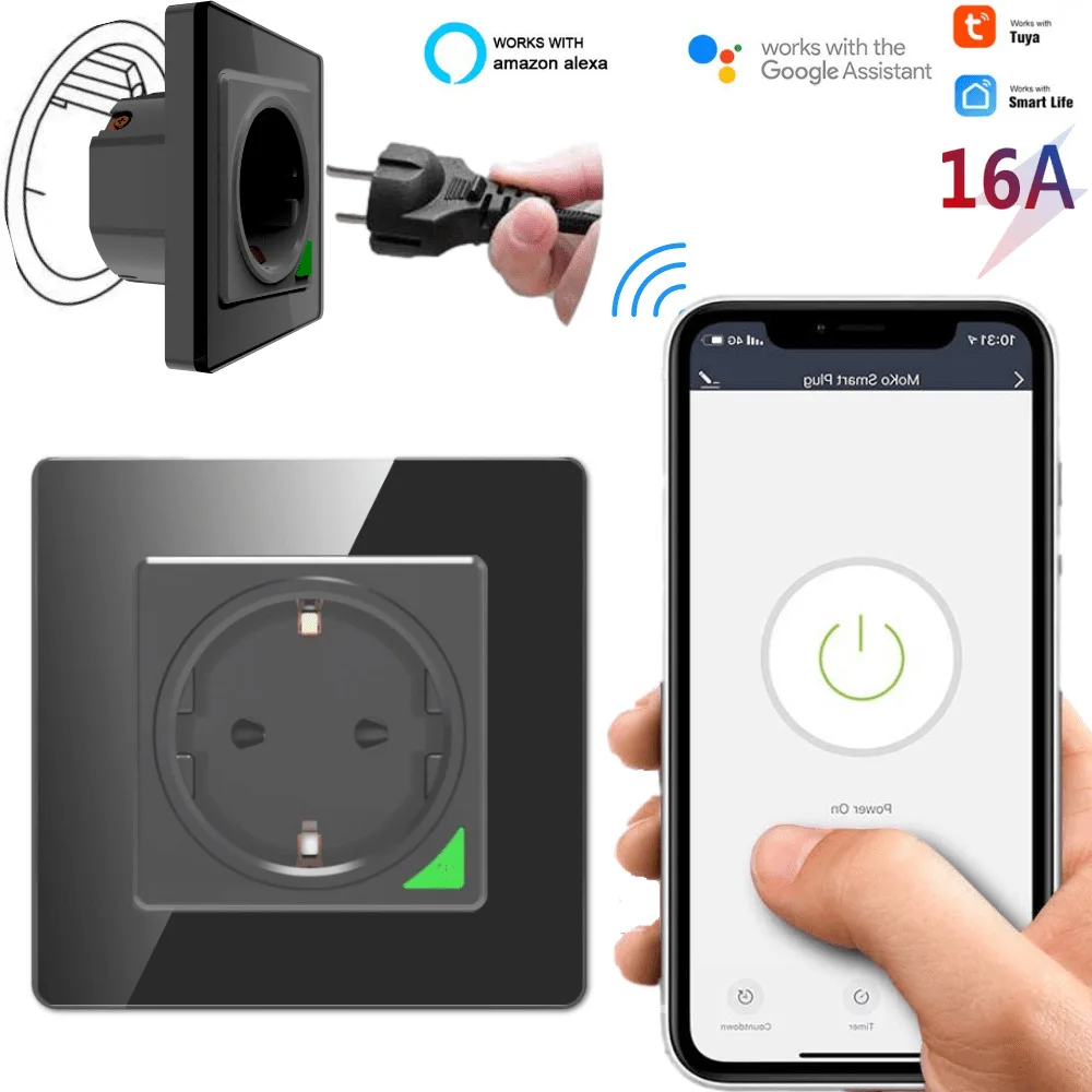 Tuya Wifi Wall Smart Socket 2.4Ghz Remote Voice Control EU 100‑240V Plug With Alexa Google Home Yandex Alice