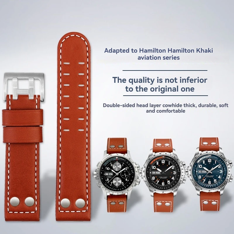 Correa de reloj de cuero italiano genuino de 20 mm y 22 mm para Hamilton Khaki Aviation H77616533 | Hebilla de acero inoxidable con correa de piel de vacuno premium