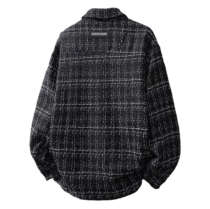 Men's Black Striped Long-sleeve Jacket for Spring and Fall; White Checkered Single-breasted Lapel Coat; Unisex Loose-fit Top.