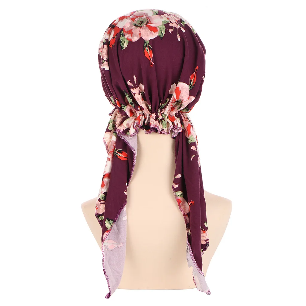 Trendy Flower Print Hijab Turban Hats Boho Long Tail Head Wraps Elastic Pirate Hats Breathable Chemo Cap For Women Girls