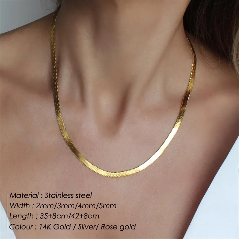 2/3/4/5mm Trendy Waterproof Jewelry Necklaces 14K Gold Plated Stainless Steel Flat Snake Chain Necklace for Women