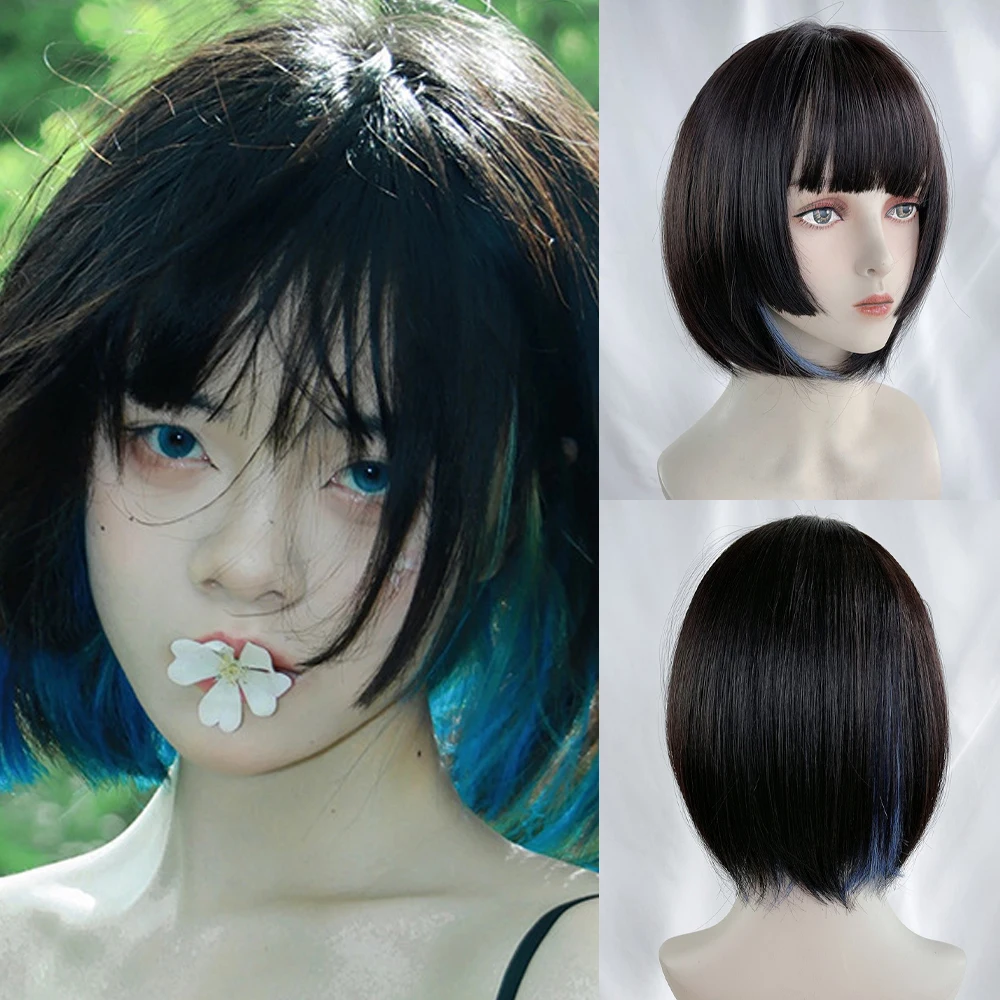 

Synthetic Short Black Blue Mix Straight Wigs with Bangs Lolita Cosplay Natural Fluffy Women Hair Wig for Daily Party